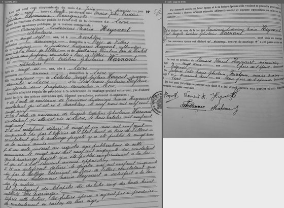 Son acte de mariage — photo du registre par Didier, les deux pages recollées