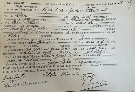 Acte de naissance, Lesve, 4 octobre 1929, n° 21 — photo du registre par Didier au guichet de Profondeville