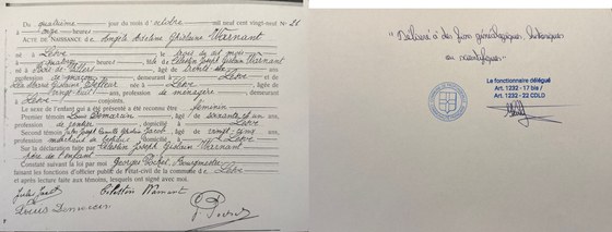 Le même acte, copie délivrée par la commune de Profondeville, recto et verso (« Délivré à des fins généalogiques, historiques ou scientifiques »)