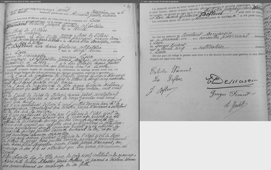 Acte de mariage de Célestin Warnant et de Léa Defleur, Lesve, 3 août 1923, n° 6 — les deux pages du registre, photographiées par Didier au guichet de Profondeville