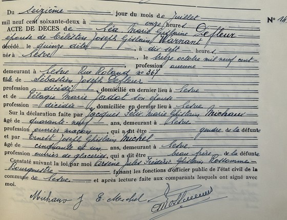 Acte de décès de Léa Marie Gislaine Defleur, Lesve, 16 juillet 1962 (morte le 15), n° 14 — photo du registre, guichet de Profondeville