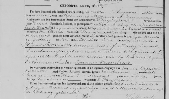 Son acte de naissance, Brussegem, acte n° 38 de 1863.
