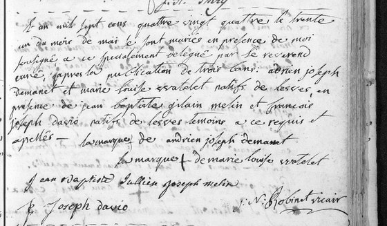 Son acte de mariage — paroisse de Lesve, 31 mai 1784 : les deux époux natifs du village, les deux illettrés, aucun parent nommé