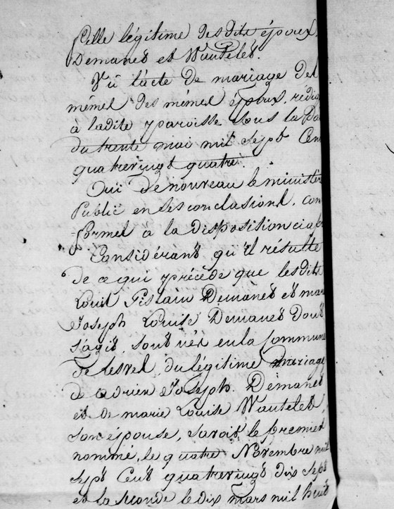 Le passage du jugement de Namur qui date son mariage à la paroisse de Lesve — « le 30 mai 1784 », d'un jour trop tôt (l'acte : 3, chez le sosa 102)