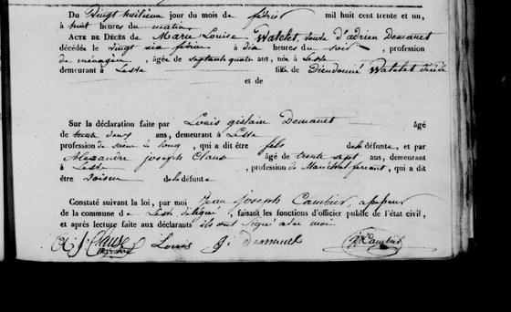 Acte de décès de Marie Louise Wautelet, veuve d'Adrien Demanet, Lesve, 28 février 1831 (décédée le 26)