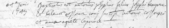 Acte de baptême d'Antoine Joseph Beaupère, paroisse de Lesve, 24 juin 1743