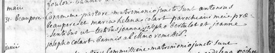 Acte de mariage d'Antoine Beaupère et de Marie Hélène Colart, paroisse de Lesve, 31 mai 1769