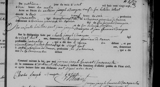Acte de décès d'Antoine Joseph Beaupère, veuf de Hélène Colart, Arbre (Besinne), 4 août 1827 (décédé le 3)