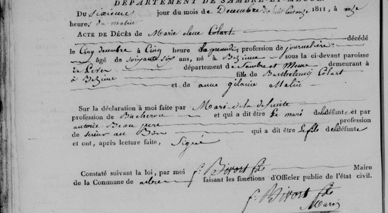Acte de décès de Marie Hélène Colart, Arbre (Besinne), 6 décembre 1811 (décédée le 5)