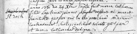 Acte de baptême de Marie Catherine Defleur, paroisse Saint Feuillen de Fosses, 24 décembre 1781 — fille de Jean Joseph Defleur et de Marie Françoise Gaspar ; en latin
