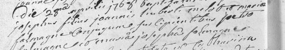 Acte de baptême de Pierre Joseph Melot, fils de Jean Hubert Melot et de Marie Falmagne — paroisse Notre-Dame de Sosoye, 28 avril 1768 ; en latin