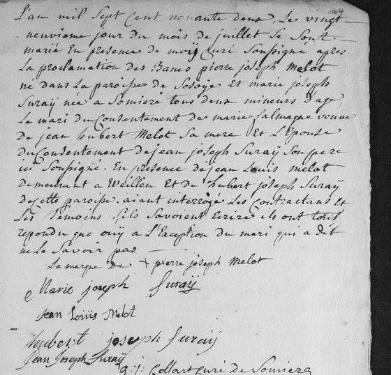 Acte de mariage de Pierre Joseph Melot et de Marie Joseph Suray, paroisse Saint Hubert de Sommière, 29 juillet 1792 — le marié fait sa marque