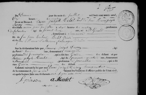 Acte de décès de Pierre Joseph Melot, Sommière, 1er juillet 1839 — dit né à Saint-Gérard, fils de feu Jean Hubert Melot et de feue Marie Catherine Falmagne
