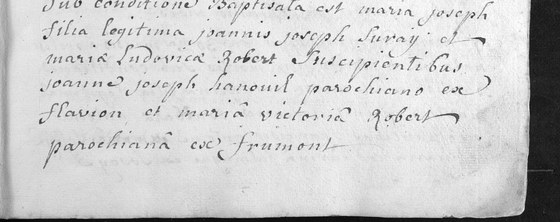 Acte de baptême de Marie Joseph Suray, paroisse de Sommière, 12 mars 1768 — fille de Jean Joseph Suray et de Marie Louise Robert