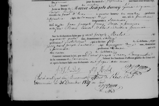 Acte de décès de Marie Joseph Suray, Sommière, 1er septembre 1837 — fille de feu Jean Joseph Suray et de feue Marie Louise Robert ; déclarée par son fils, instituteur à Natoye