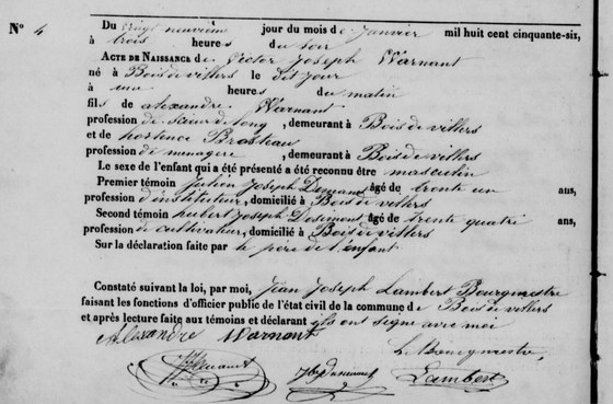 Son acte de naissance — Bois-de-Villers, 29 janvier 1856, acte n° 4