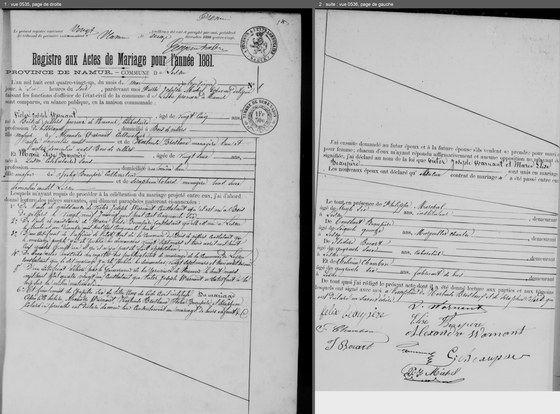 Acte de mariage de Victor Joseph Warnant et de Marie Elise Beaupière, Lesve, 3 mai 1881 — l'en-tête du registre, les époux et leurs parents, les pièces lues ; puis la célébration, les témoins et les signatures ; les deux pages côte à côte