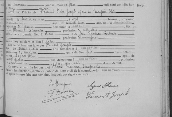 Son acte de décès — Bois-de-Villers, 9 mai 1918, acte n° 6