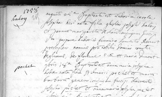 Acte de baptême d'Anne Marie Josèphe Pochet, paroisse de Lesve, 18 septembre 1758 — avec l'en-tête « 1758 » et l'acte précédent (25 août)