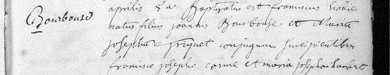 Acte de baptême de « franciscus », fils de Jean Bourbouse et de Marie Josèphe Friquet, paroisse de Lesve, 5 avril 1752 — le sien par convergence