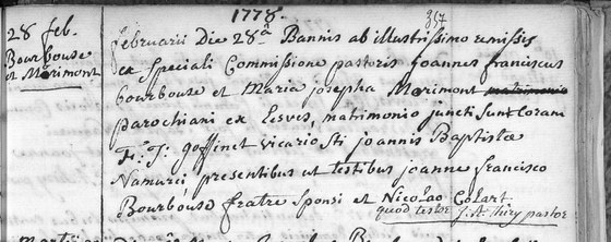 Acte de mariage de Jean François Bourbouse et de Marie Joseph Morimont, paroisse de Lesve, 28 février 1778 — témoin Jean François Bourbouse, frère de l'époux