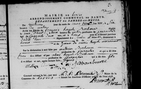 Acte de décès de François Joseph Borbouse, époux de Marie Joseph Morimont, Lesve, 20 mars 1806 — déclaré par son frère Mathieu et son fils Alexis Joseph