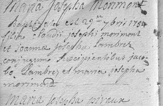 Baptême de Maria Josepha Morimont, Bioul, 29 septembre 1754 — fille de Claude Joseph Morimont et Jeanne Joseph Lambrez (AGATHA 174955, vue 0847de la page native)