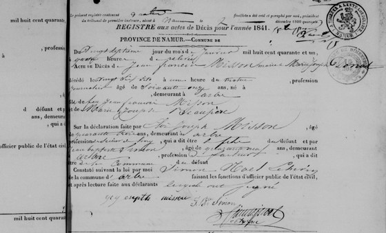 Acte de décès de Jean « François » Misson, Arbre, 27 janvier 1841 — fils de feu Jean François Misson et de Marie Joseph Beaupère