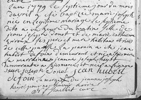 Acte de baptême de Marie Joseph Donot, paroisse Saint-Pierre de Biesmerée, 7 avril 1779 — fille de Jean Joseph Donot et de Marie Catherine Viroux ; parrain Jean Hubert Defoin, marraine Jeanne Joseph Hayot ; le père signe