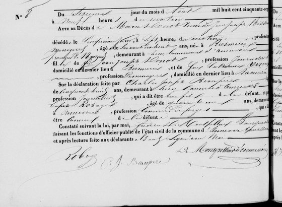 Acte de décès de Marie Joseph Donot, veuve Misson, Annevoie (hameau de Hun), 6 août 1857, n° 8 — née à Biesmerée, fille de feu Jean Joseph Donot et de feue Catherine Viroux