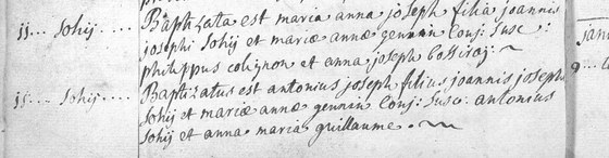 Actes de baptême de Marie Anne Joseph et d'Antoine Joseph Sohy, jumeaux, paroisse de Lesve, 11 septembre 1770