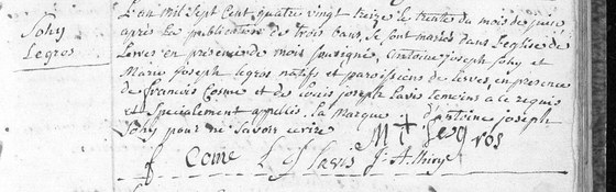 Acte de mariage d'Antoine Joseph Sohy et de Marie Joseph Legros, paroisse Saint Wilmar de Lesve, 30 juin 1793 — il fait sa marque, elle signe