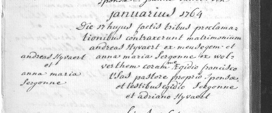 2 — Son acte de mariage, andreas Hyvaert ex Meusegem × anna maria Sergonne ex Wolverthem, Brussegem, 17 janvier 1764. AGATHA vol. 92503, série 518_0188_000_00005_000, fichier B_0003, page de droite. Page entière : LIBRARY/Cache/agatha-92503/pages/B_0003.jpg