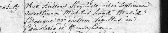 7 — Sa sépulture, maritus Annæ Mariæ Sergoigne, Meuzegem, 20 juillet 1783. AGATHA vol. 99575, série 518_0342_000_00013_000, fichier 0076, page de droite