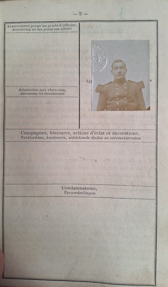 Son portrait en uniforme, collé dans son livret militaire de milicien de 1893 — gardé par la famille