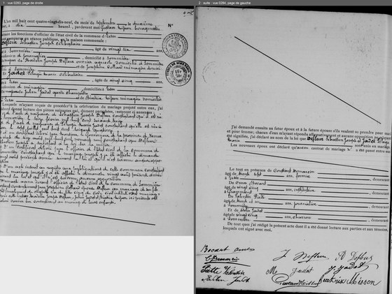 Acte de mariage de Sébastien Joseph Defleur et de Pélagie Marie Jadot, Lesve, 2 septembre 1899 — les époux et leurs parents, les pièces lues ; puis la célébration, les témoins et les signatures ; les deux pages côte à côte