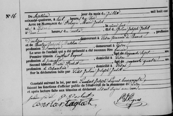 Acte naissance Lesve, n16 — 7 juillet 1874