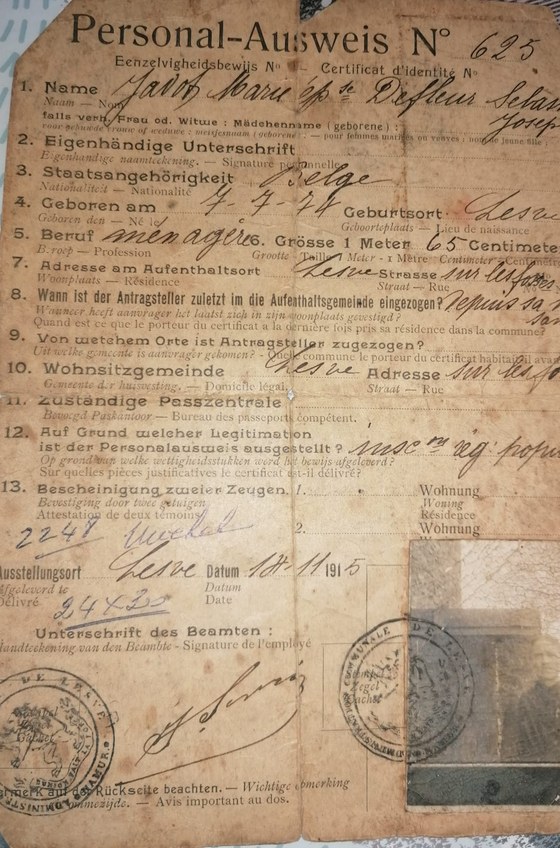 Sa carte d'identité de l'occupation (Personal-Ausweis n° 625), Lesve, 18 novembre 1915 ; original conservé dans la famille.
