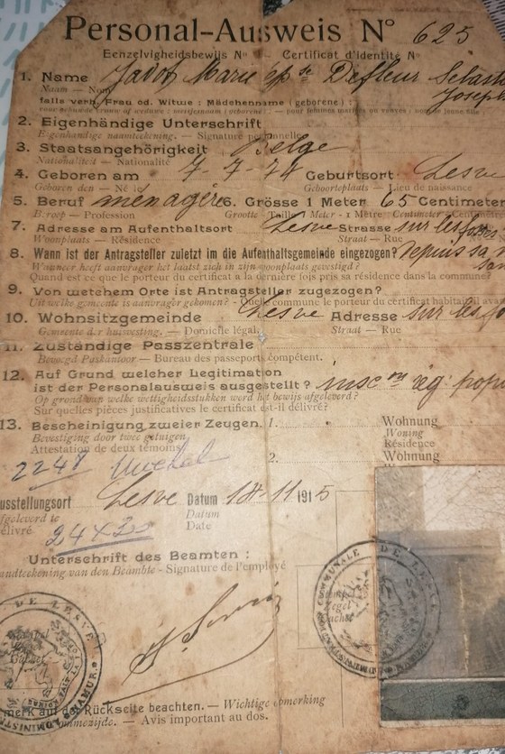 Sa carte d'identité de l'occupation, Lesve, 18 novembre 1915, second cliché.