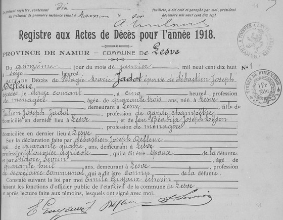 Acte décès Lesve n1 — 12 janvier 1918