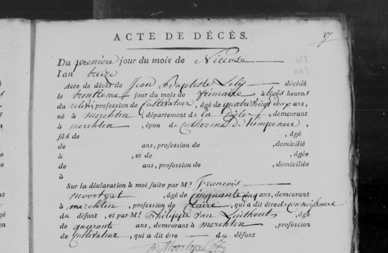 Acte de décès, Merchtem, 1ᵉʳ nivôse an XIII