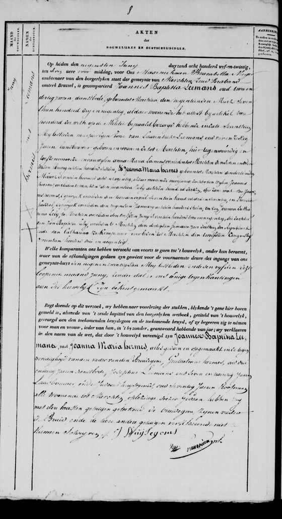 Acte de mariage d'une petite-fille, Merchtem, 9 juin 1825, page 8