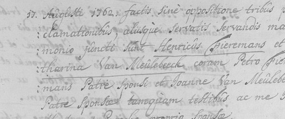 Son mariage, Ossel, 17 août 1762 — série 518_0188_000_00003_000, fichier 0123, page de droite, 1ʳᵉ entrée