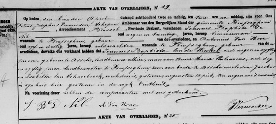 Son acte de décès, Brussegem, acte n° 19 de 1882.