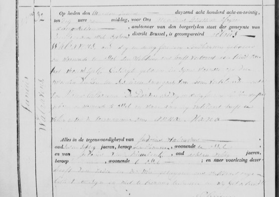 Son acte de naissance, Brussegem, acte n° 32 de 1828.