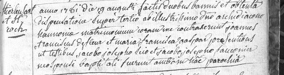 Acte de mariage de Jean François Defleur et de Marie Françoise Gaspar, paroisse Saint Feuillen de Fosses, 19 août 1781 ; en latin