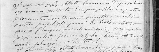 Acte de mariage de Jean Hubert Melot et de Marie Falmagne, paroissiens de Sosoye — église paroissiale Notre-Dame de Sosoye, 29 mai 1763 ; en latin