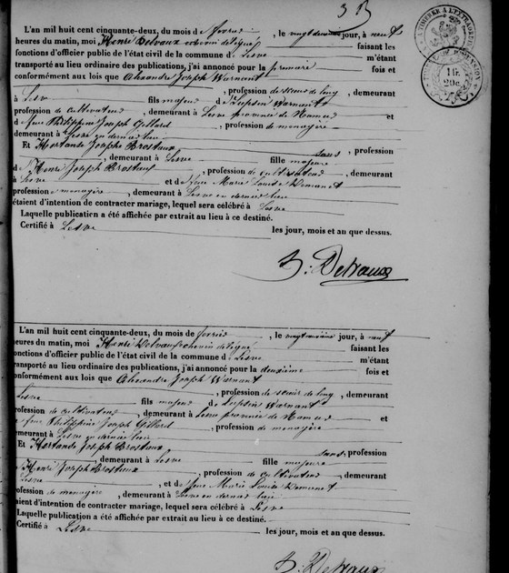 Les publications de son mariage — Lesve, 22 et 29 février 1852