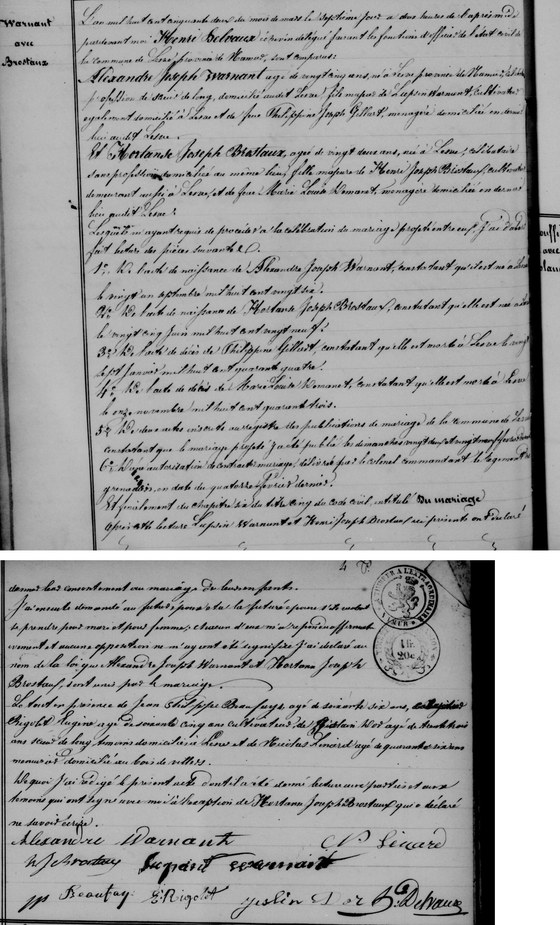 Son acte de mariage — Lesve, 7 mars 1852 (les deux moitiés recollées)