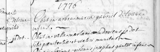 Acte de sépulture de Louis Jadot, paroisse Saint Wilmar de Lesve, avril 1776 — mort « in valle marlaniae »